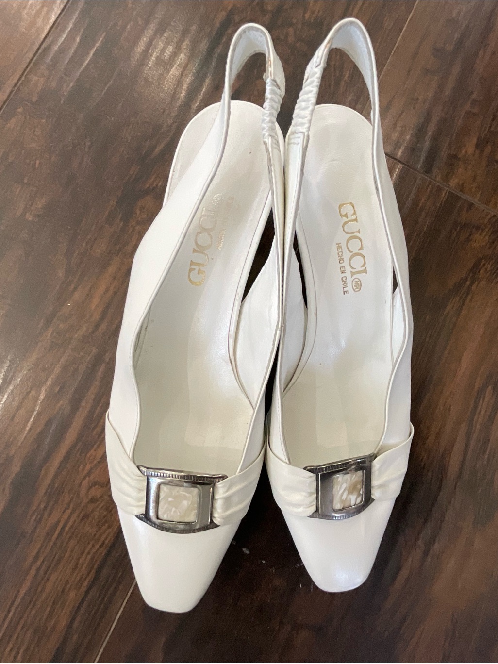 Gucci White Leather Slingback Pumps With Silver Buckle Accent Sz 38